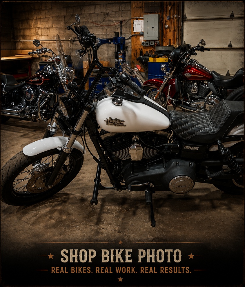 Motorcycle inside Mike's V-Twin repair shop